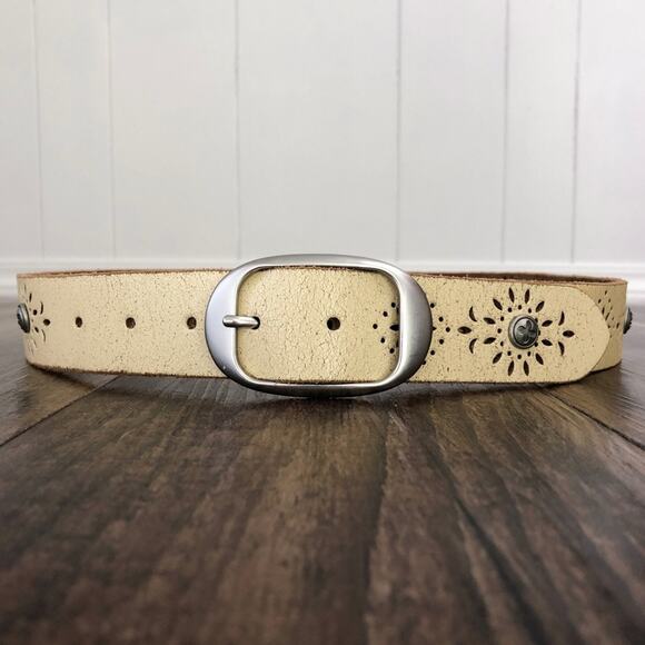 Lucky Brand Laser Cut Leather Belt Western Crackle Distressed Size Large Cream - Picture 13 of 13